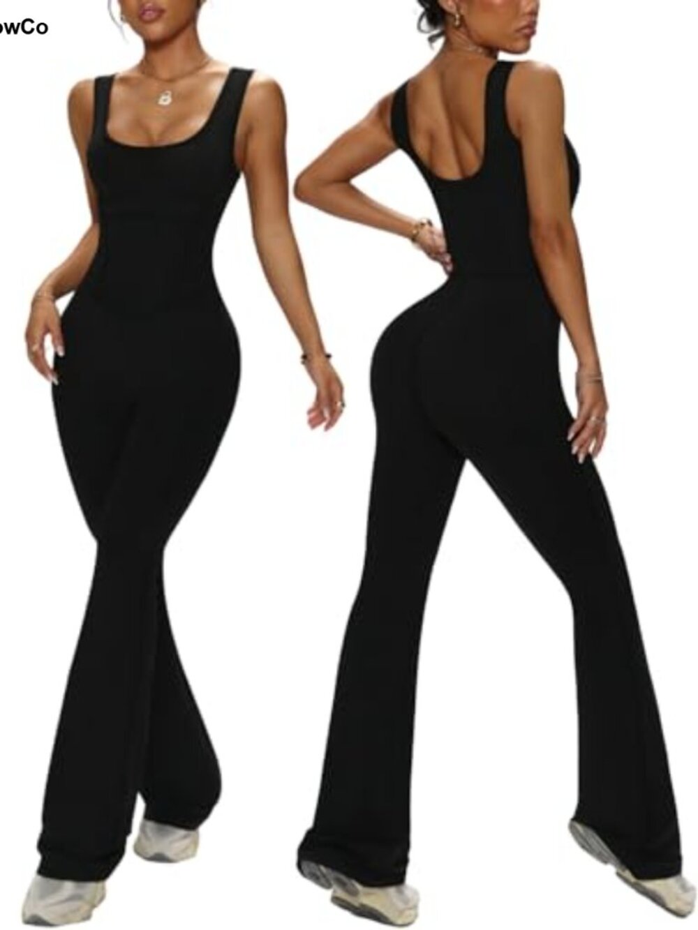 Womens Flare Jumpsuit Square Neck Sleeveless One Piece Romper Workout